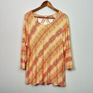 Chico’s Women’s Orange Multicolor Printed Rayon 3/4 Sleeve Keyhole Top Sz 3 (XL)